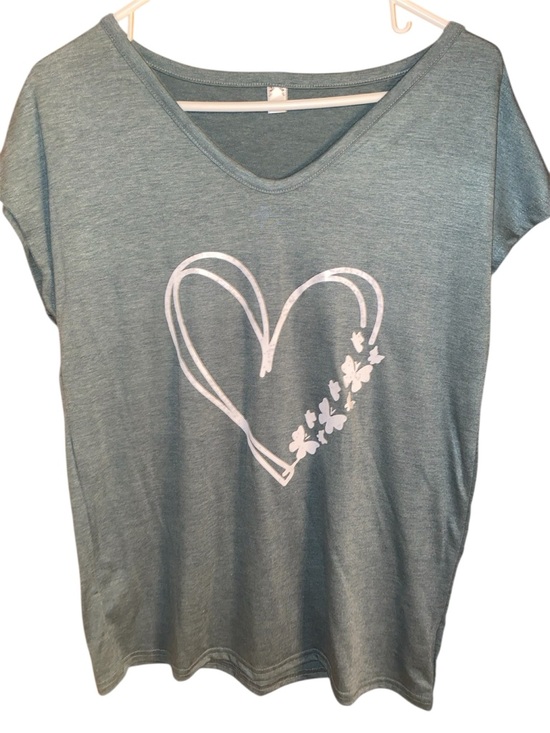 None Tops - Women’s V-neck featuring a distinctive white "butterfly heart" graphic. NEW SZ L